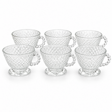 Clear Diamond-Cut Glass Tea Cup Set with Beaded Handles - Set of 6