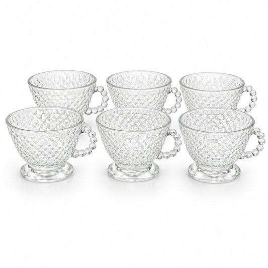 Clear Diamond-Cut Glass Tea Cup Set with Beaded Handles - Set of 6