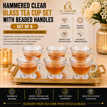 Hammered Clear Glass Tea Cup Set with Beaded Handles - Set of 6