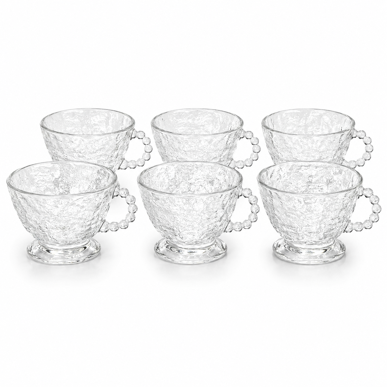 Hammered Clear Glass Tea Cup Set with Beaded Handles - Set of 6