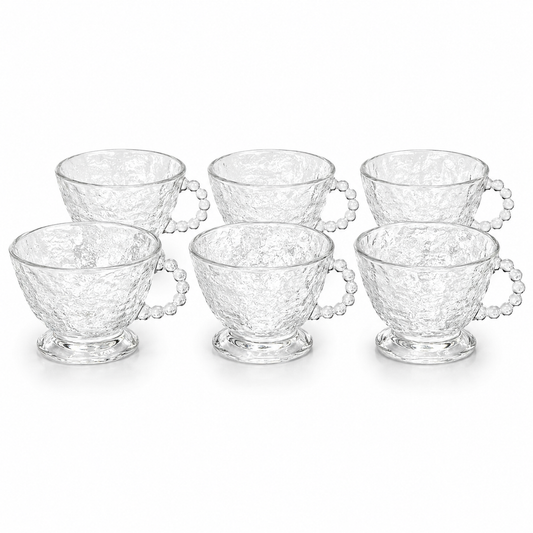 Hammered Clear Glass Tea Cup Set with Beaded Handles - Set of 6