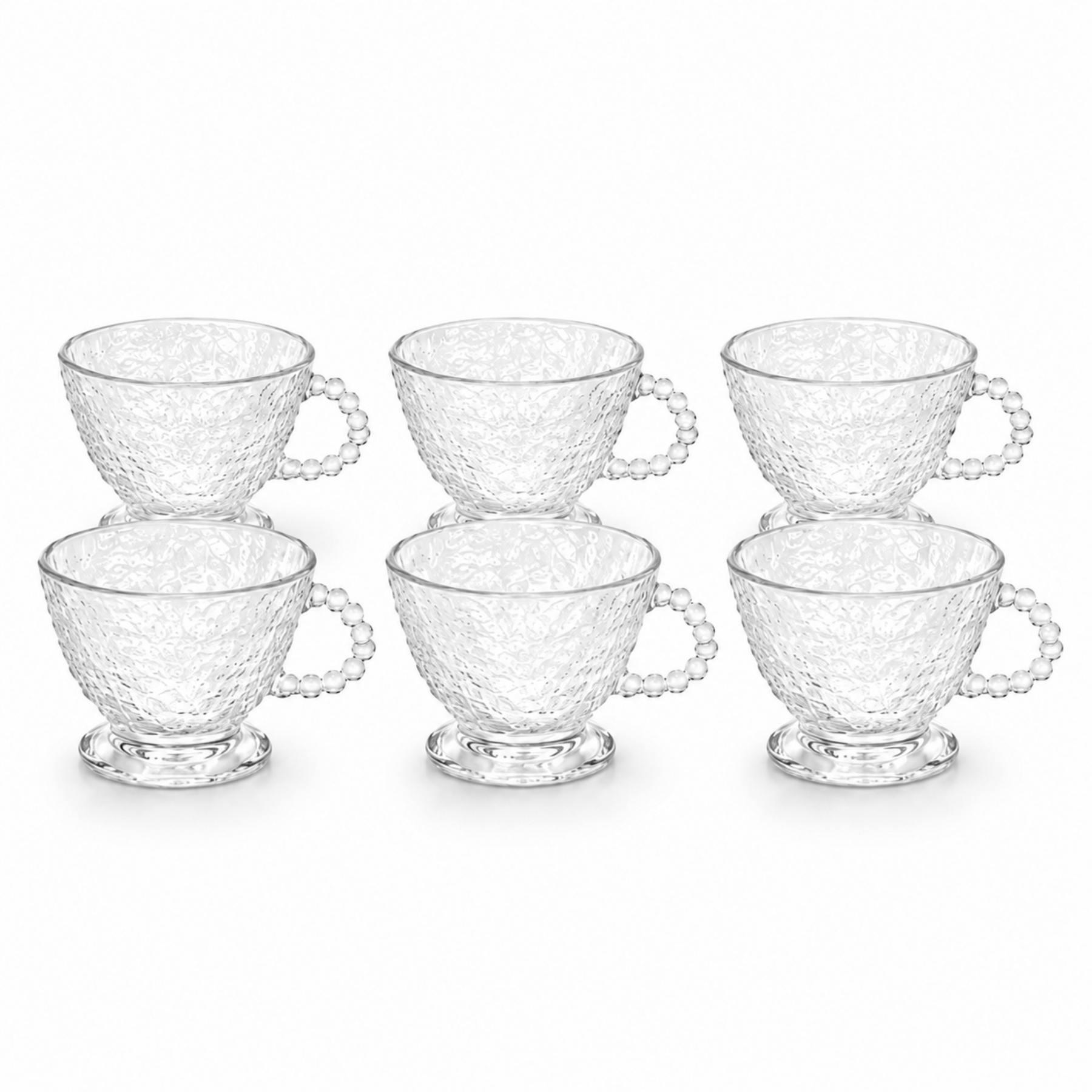 Hammered Clear Glass Tea Cup Set with Beaded Handles - Set of 6