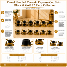 Camel Handled Ceramic Espresso Cup Set - Black & Gold 12 Piece Collection