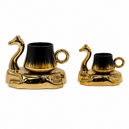 Camel Handled Ceramic Espresso Cup Set - Black & Gold 12 Piece Collection