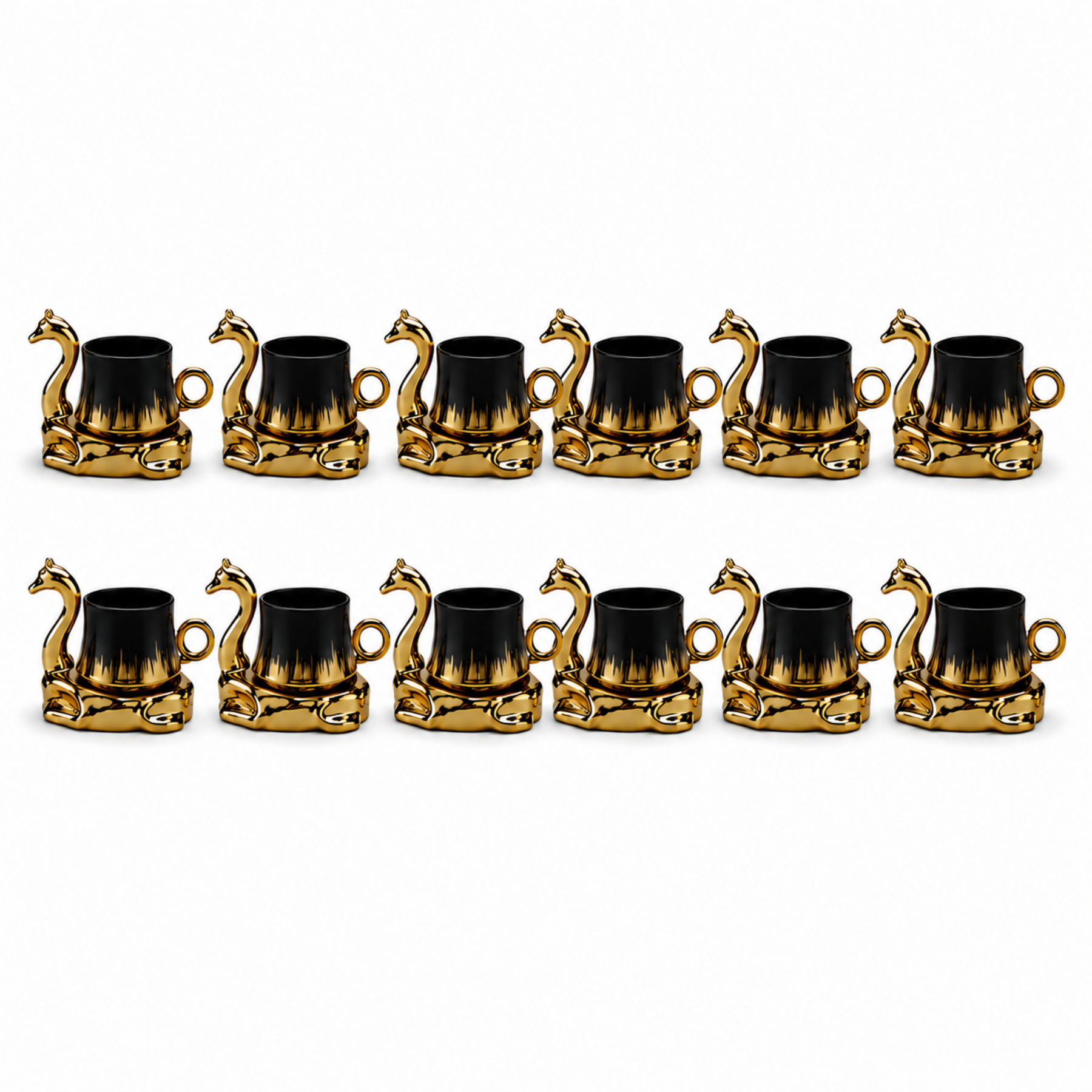 Camel Handled Ceramic Espresso Cup Set - Black & Gold 12 Piece Collection