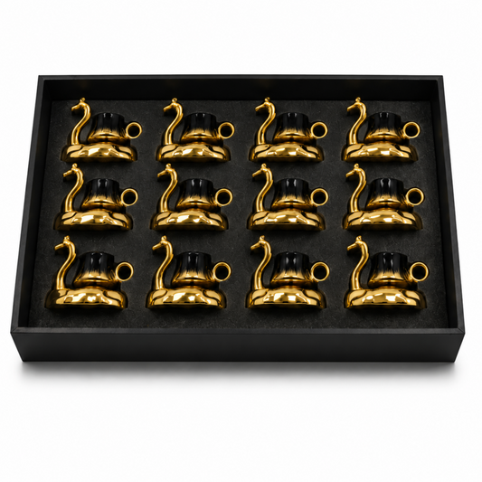 Black & Gold Ceramic Espresso Cup Set with Decorative Camel Holders, 12-Piece Arabic Coffee Collection