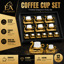 Camel Handled Ceramic Espresso Cup Set - White & Gold 12 Piece Collection