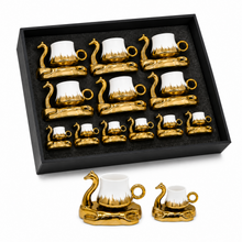 Camel Handled Ceramic Espresso Cup Set - White & Gold 12 Piece Collection