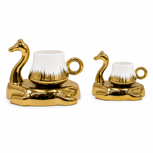 Camel Handled Ceramic Espresso Cup Set - White & Gold 12 Piece Collection