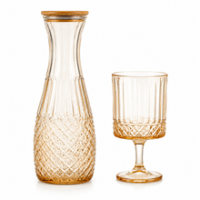 Amber Textured Glass Carafe & Goblet Set with Wooden Lid - 7 Piece Beverage Serving Collection