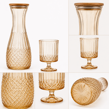 Amber Textured Glass Carafe & Goblet Set with Wooden Lid - 7 Piece Beverage Serving Collection