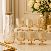 Amber Textured Glass Carafe & Goblet Set with Wooden Lid - 7 Piece Beverage Serving Collection