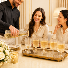 Amber Textured Glass Carafe & Goblet Set with Wooden Lid - 7 Piece Beverage Serving Collection