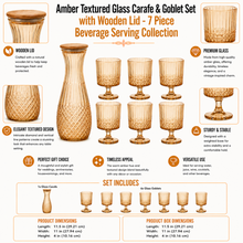 Amber Textured Glass Carafe & Goblet Set with Wooden Lid - 7 Piece Beverage Serving Collection
