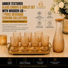 Amber Textured Glass Carafe & Goblet Set with Wooden Lid - 7 Piece Beverage Serving Collection