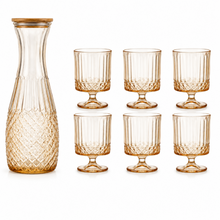 Amber Textured Glass Carafe & Goblet Set with Wooden Lid - 7 Piece Beverage Serving Collection
