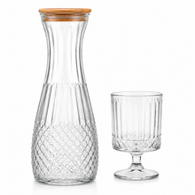 Clear Textured Glass Carafe & Goblet Set with Wooden Lid - 7 Piece Beverage Serving Collection