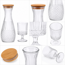 Clear Textured Glass Carafe & Goblet Set with Wooden Lid - 7 Piece Beverage Serving Collection