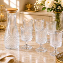 Clear Textured Glass Carafe & Goblet Set with Wooden Lid - 7 Piece Beverage Serving Collection