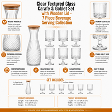 Clear Textured Glass Carafe & Goblet Set with Wooden Lid - 7 Piece Beverage Serving Collection