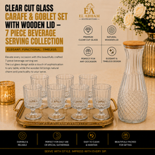 Clear Textured Glass Carafe & Goblet Set with Wooden Lid - 7 Piece Beverage Serving Collection
