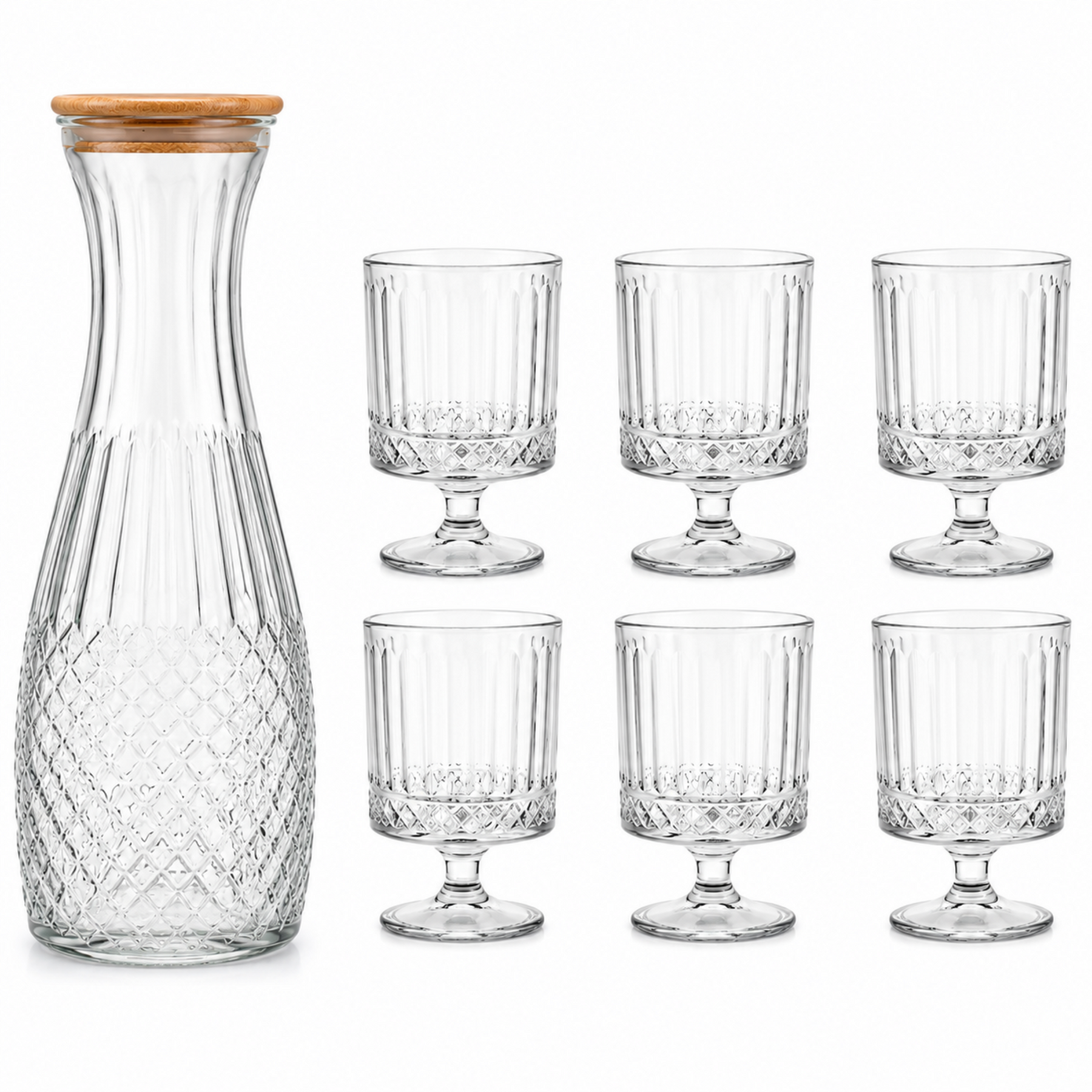 Clear Textured Glass Carafe & Goblet Set with Wooden Lid - 7 Piece Beverage Serving Collection