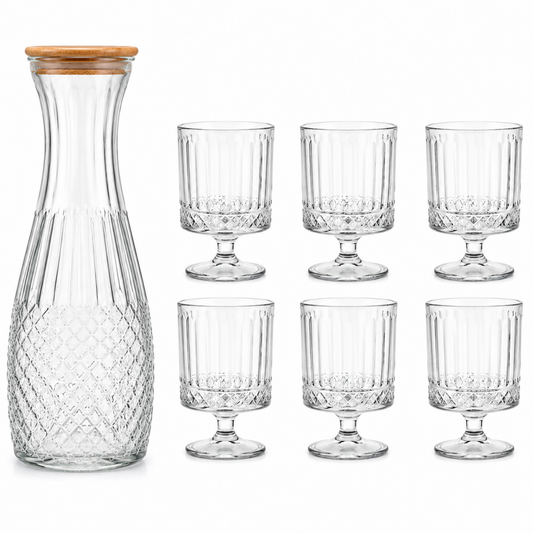 Clear Textured Glass Carafe & Goblet Set with Wooden Lid - 7 Piece Beverage Serving Collection