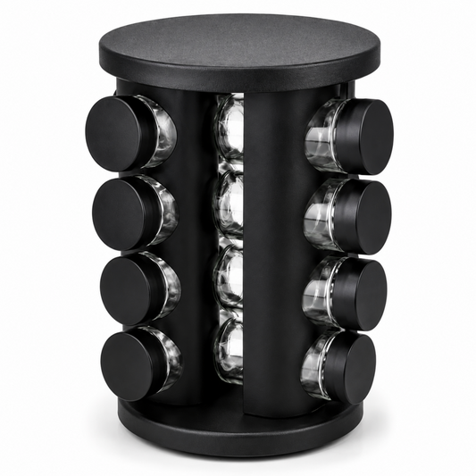 Matte Black Rotating Spice Carousel Rack - 16 Spice Jar Organizer Set