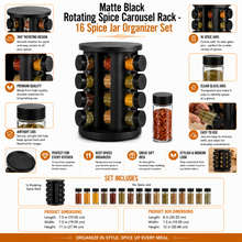 Matte Black Rotating Spice Carousel Rack - 16 Spice Jar Organizer Set