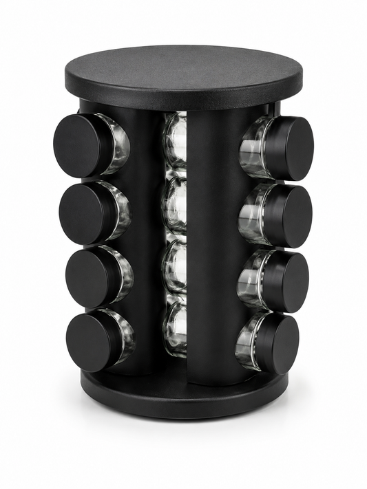 Matte Black Rotating Spice Carousel Rack - 16 Spice Jar Organizer Set