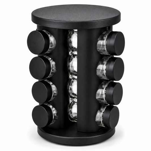 Matte Black Rotating Spice Carousel Rack with 16 Clear Spice Jars – Countertop Spice Organizer Set
