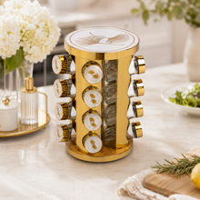 White and Gold Rotating Spice Carousel Rack with 16 Clear Jars and Decorative Lids