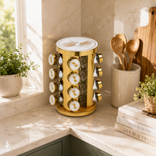 White and Gold Rotating Spice Carousel Rack with 16 Clear Jars and Decorative Lids