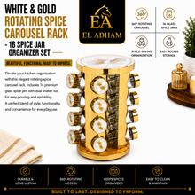 White and Gold Rotating Spice Carousel Rack with 16 Clear Jars and Decorative Lids
