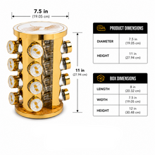 White and Gold Rotating Spice Carousel Rack with 16 Clear Jars and Decorative Lids