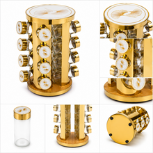 White and Gold Rotating Spice Carousel Rack with 16 Clear Jars and Decorative Lids
