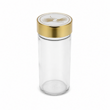 White and Gold Rotating Spice Carousel Rack with 16 Clear Jars and Decorative Lids