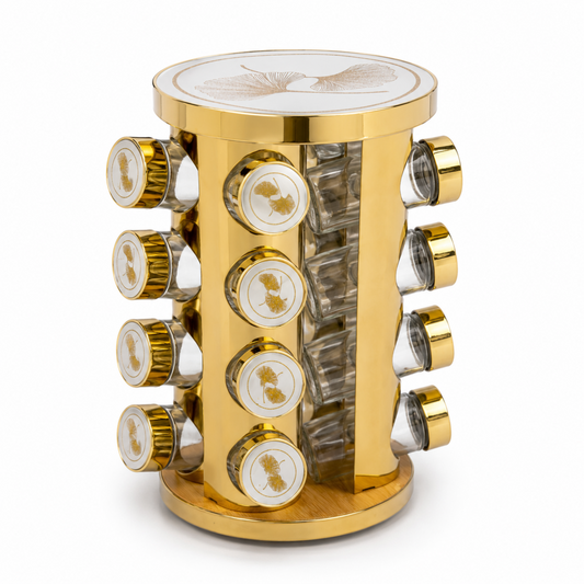White & Gold Rotating Spice Carousel Rack - 16 Spice Jar Organizer Set