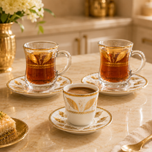 Gold Leaf Turkish Tea Cup & Porcelain Espresso Set - 13 Piece Collection