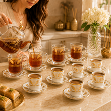 Gold Leaf Turkish Tea Cup & Porcelain Espresso Set - 13 Piece Collection