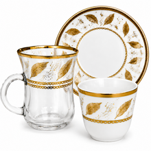 Gold Leaf Turkish Tea Cup & Porcelain Espresso Set - 13 Piece Collection