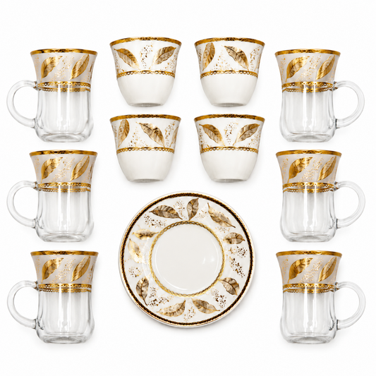 Gold Leaf Turkish Tea Cup & Porcelain Espresso Set - 13 Piece Collection