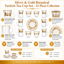 Silver & Gold Botanical Turkish Tea Cup Set - 13 Piece Collection