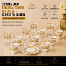 Silver & Gold Botanical Turkish Tea Cup Set - 13 Piece Collection