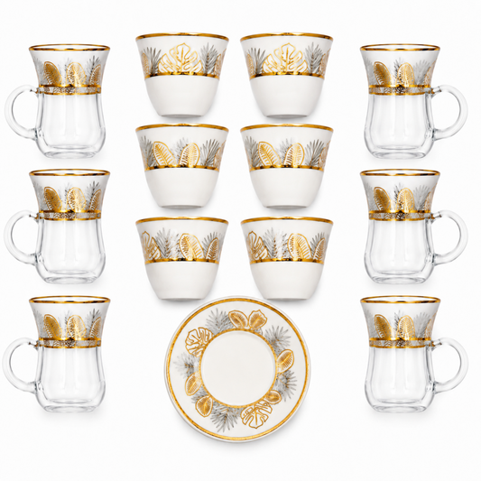 Silver & Gold Botanical Turkish Tea Cup Set - 13 Piece Collection