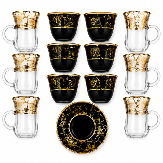 Black & Gold Marble Turkish Tea Cup Set - 13 Piece Collection