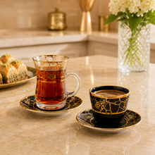 Black & Gold Marble Turkish Tea Cup Set - 13 Piece Collection