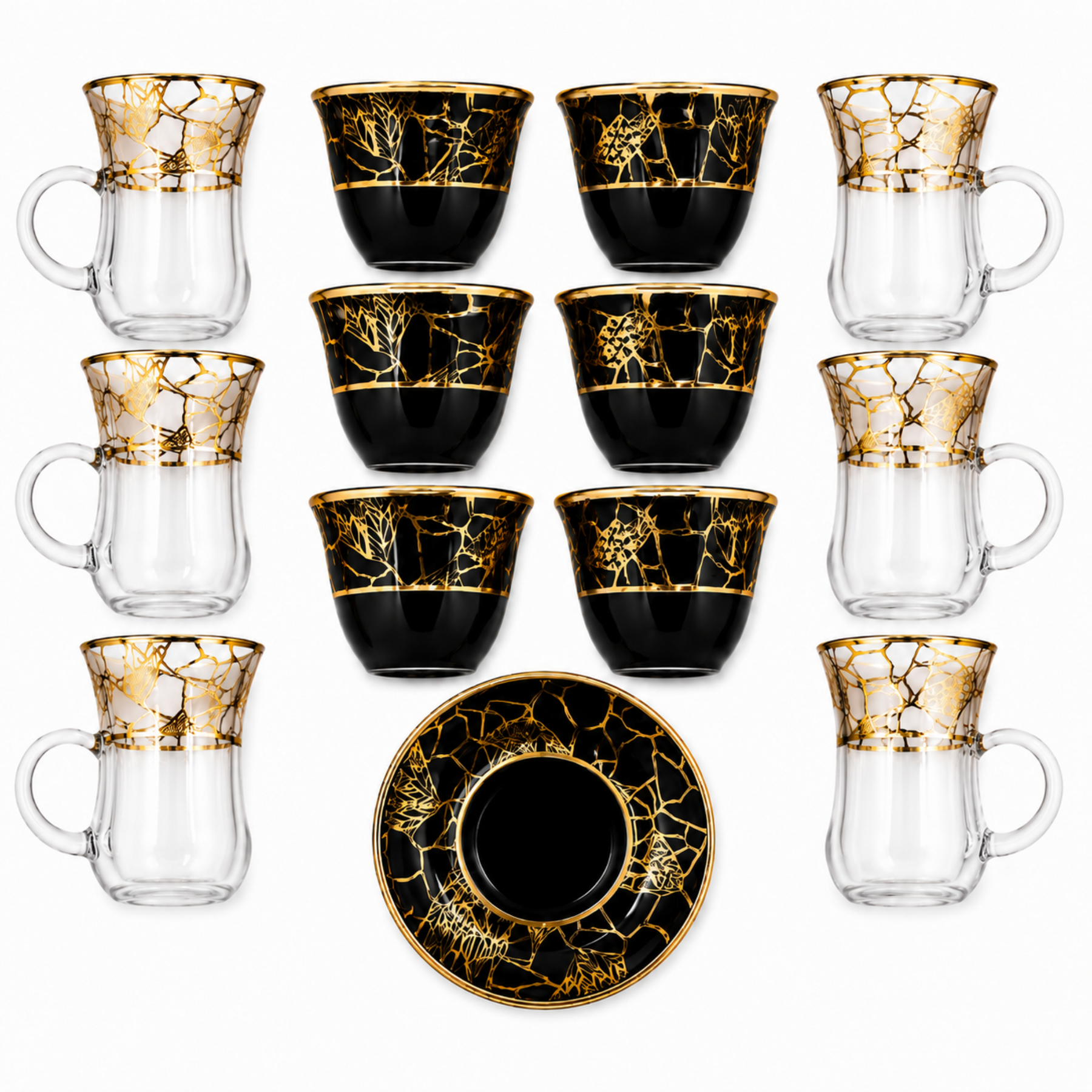 Black & Gold Marble Turkish Tea Cup Set - 13 Piece Collection