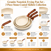 Granite Nonstick Frying Pan Set - 3 Piece Stone-Coated Skillets Collection