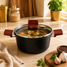 Marble Coated 20CM Dual Wooden Handled Stock Pot with Lid